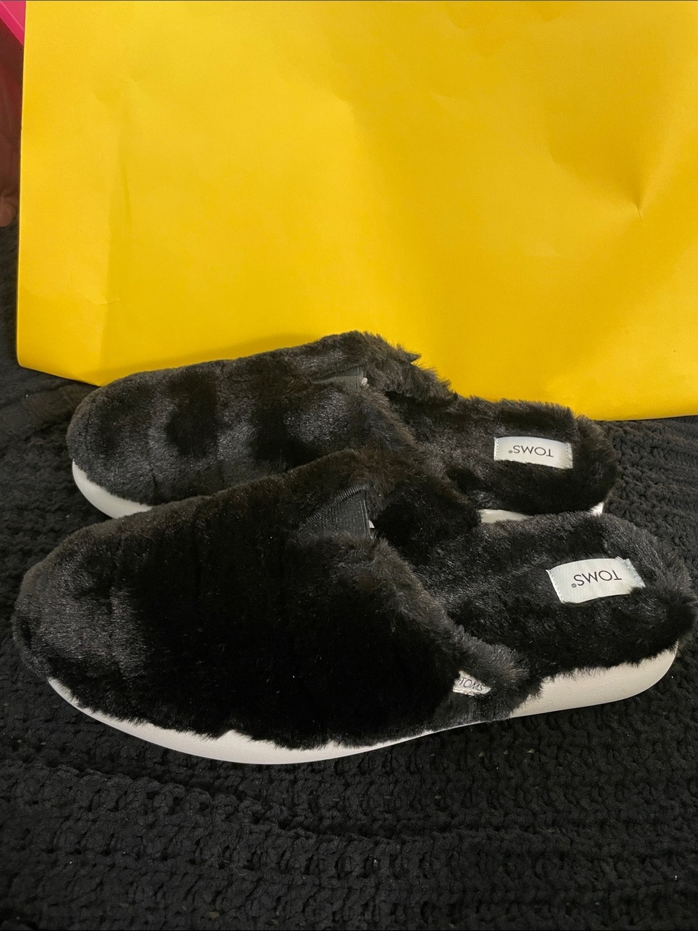 TOMS Black Faux Fur Slide Slippers with White Sole